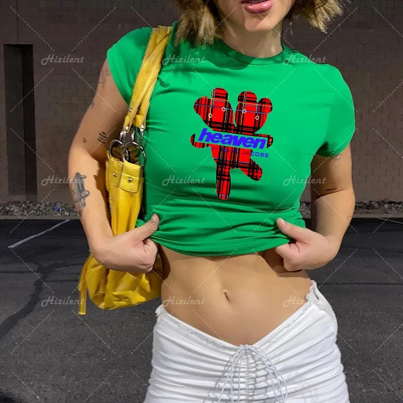 Y2K Baby Summer Skinny Women Graphic T Shirts Navel Trend Stretchy Short Sleeve Kawaii Crop Top Vintage Grunge Tees Aesthetic