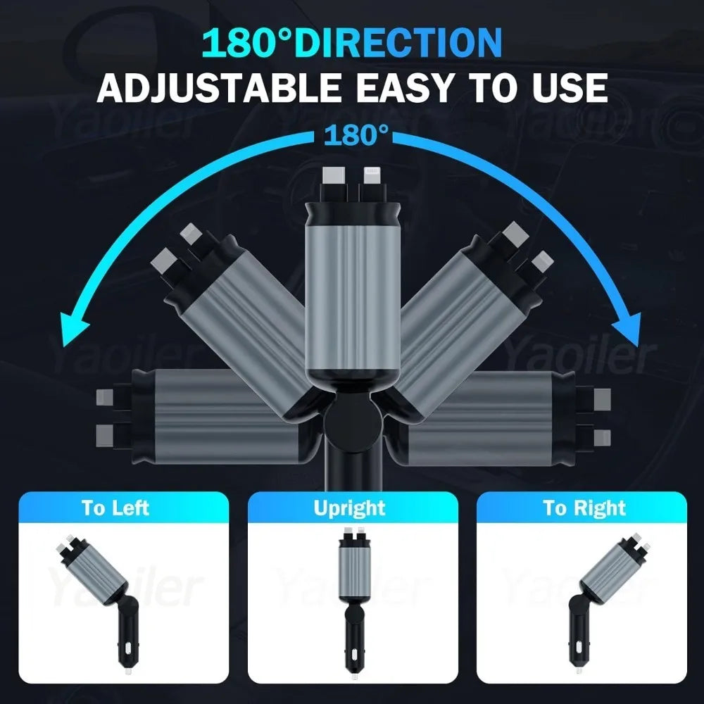 4 in 1 Retractable Car Charger with Starlight, 66W USB C Car Charger Adapter, 2 USB Ports Car Phone Charger, for Iphone Samsung
