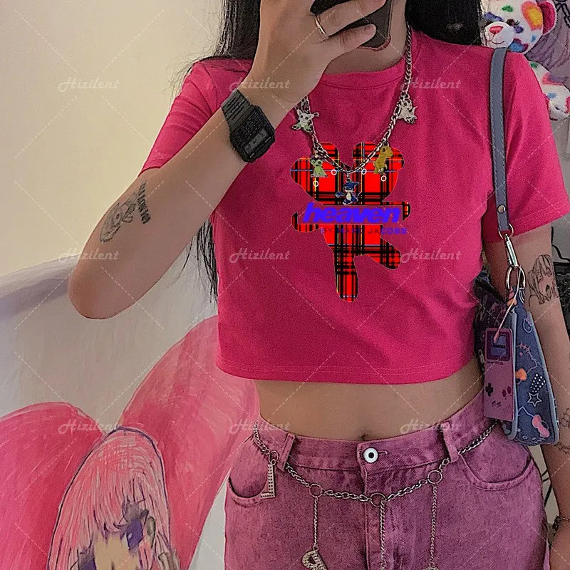 Y2K Baby Summer Skinny Women Graphic T Shirts Navel Trend Stretchy Short Sleeve Kawaii Crop Top Vintage Grunge Tees Aesthetic