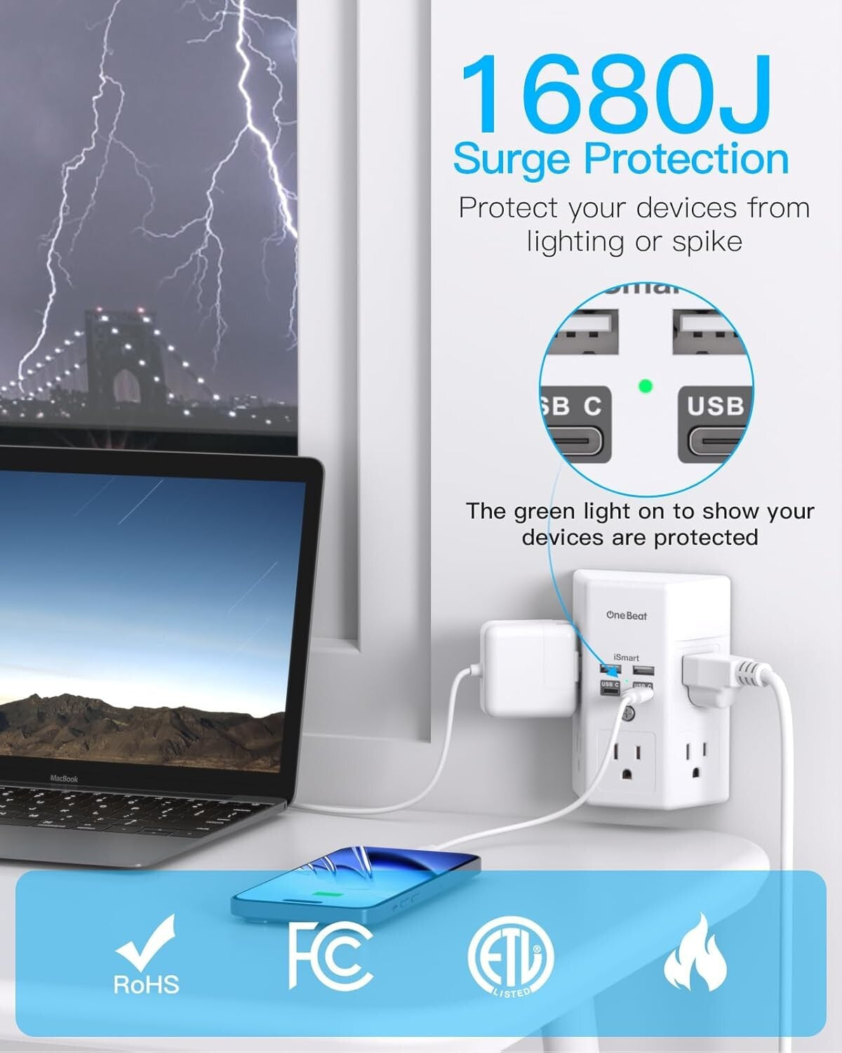5 Outlet Extender Surge Protector Multi Plug Wall Adapter USB Charger Ports With