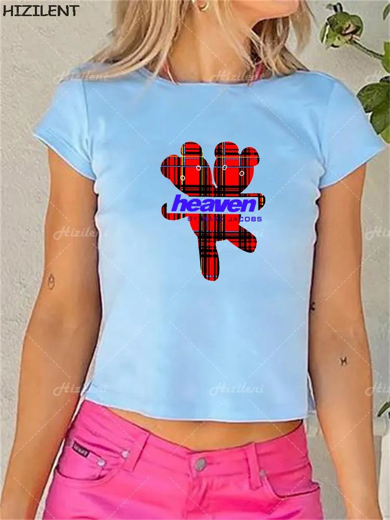 Y2K Baby Summer Skinny Women Graphic T Shirts Navel Trend Stretchy Short Sleeve Kawaii Crop Top Vintage Grunge Tees Aesthetic