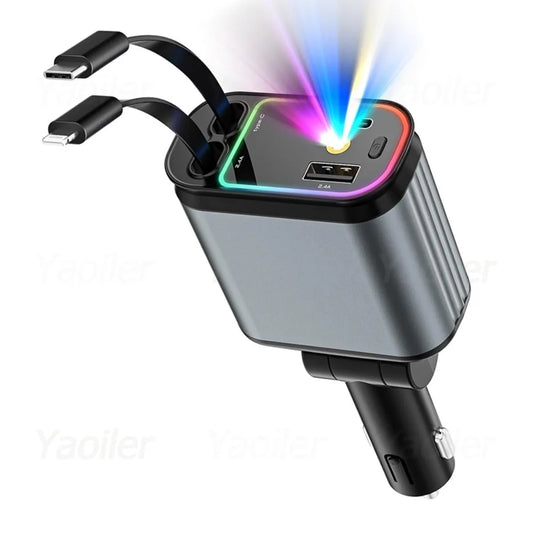 4 in 1 Retractable Car Charger with Starlight, 66W USB C Car Charger Adapter, 2 USB Ports Car Phone Charger, for Iphone Samsung