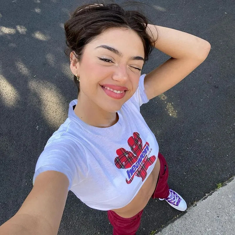 Y2K Baby Summer Skinny Women Graphic T Shirts Navel Trend Stretchy Short Sleeve Kawaii Crop Top Vintage Grunge Tees Aesthetic