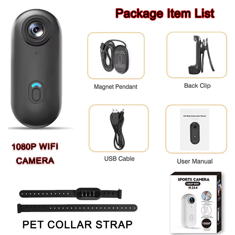 4K HD Outdoor Magnetic POV Camera 30FPS Mini Pet Vlogging Collar Camera for Cats Dogs Wireless Back Clip Mount Necklace Bodycam