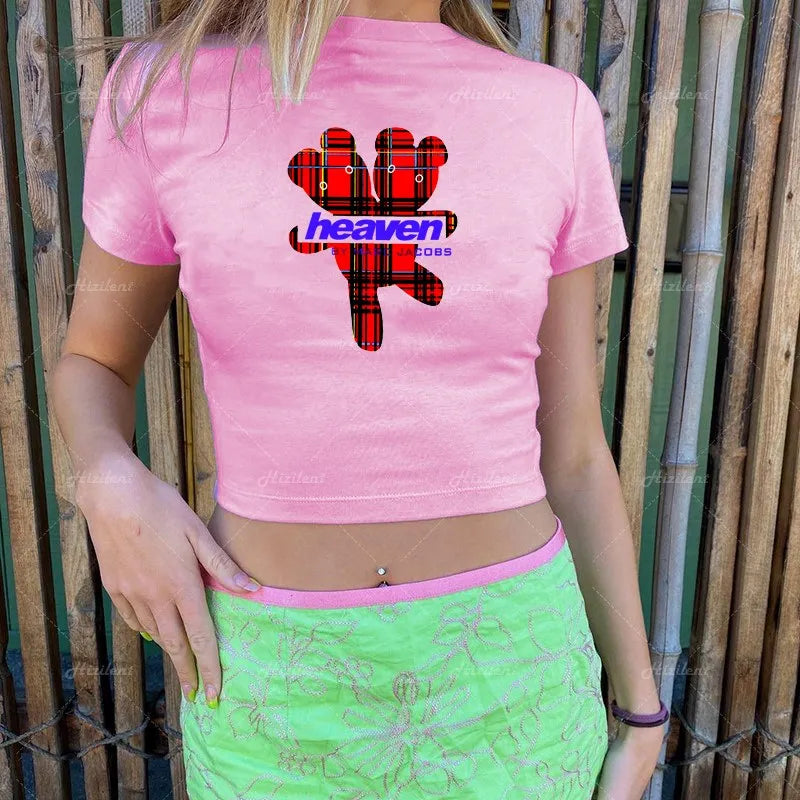Y2K Baby Summer Skinny Women Graphic T Shirts Navel Trend Stretchy Short Sleeve Kawaii Crop Top Vintage Grunge Tees Aesthetic