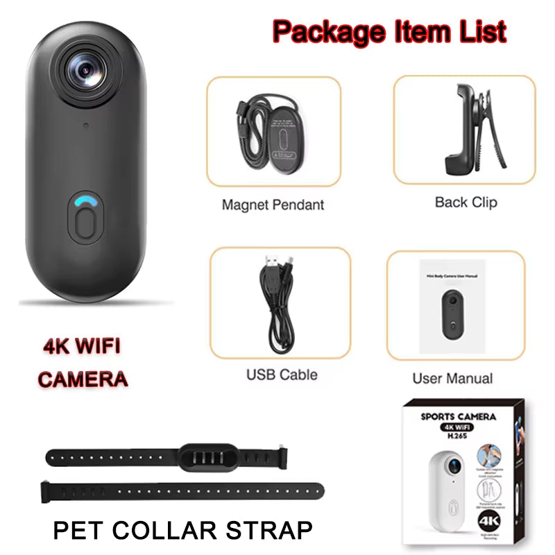 4K HD Outdoor Magnetic POV Camera 30FPS Mini Pet Vlogging Collar Camera for Cats Dogs Wireless Back Clip Mount Necklace Bodycam