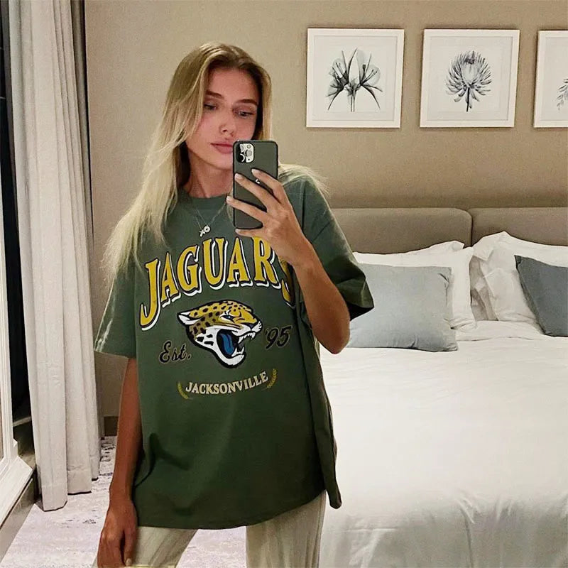 American Retro Jaguars Printing Female Graphic Cool T Shirts Summer Short Sleeve Loose Cotton Y2K Tops Street Fashion 90S Tees