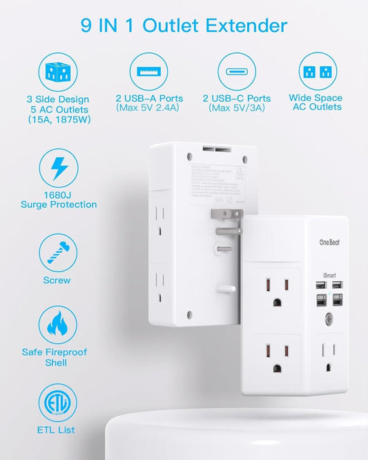 5 Outlet Extender Surge Protector Multi Plug Wall Adapter USB Charger Ports With