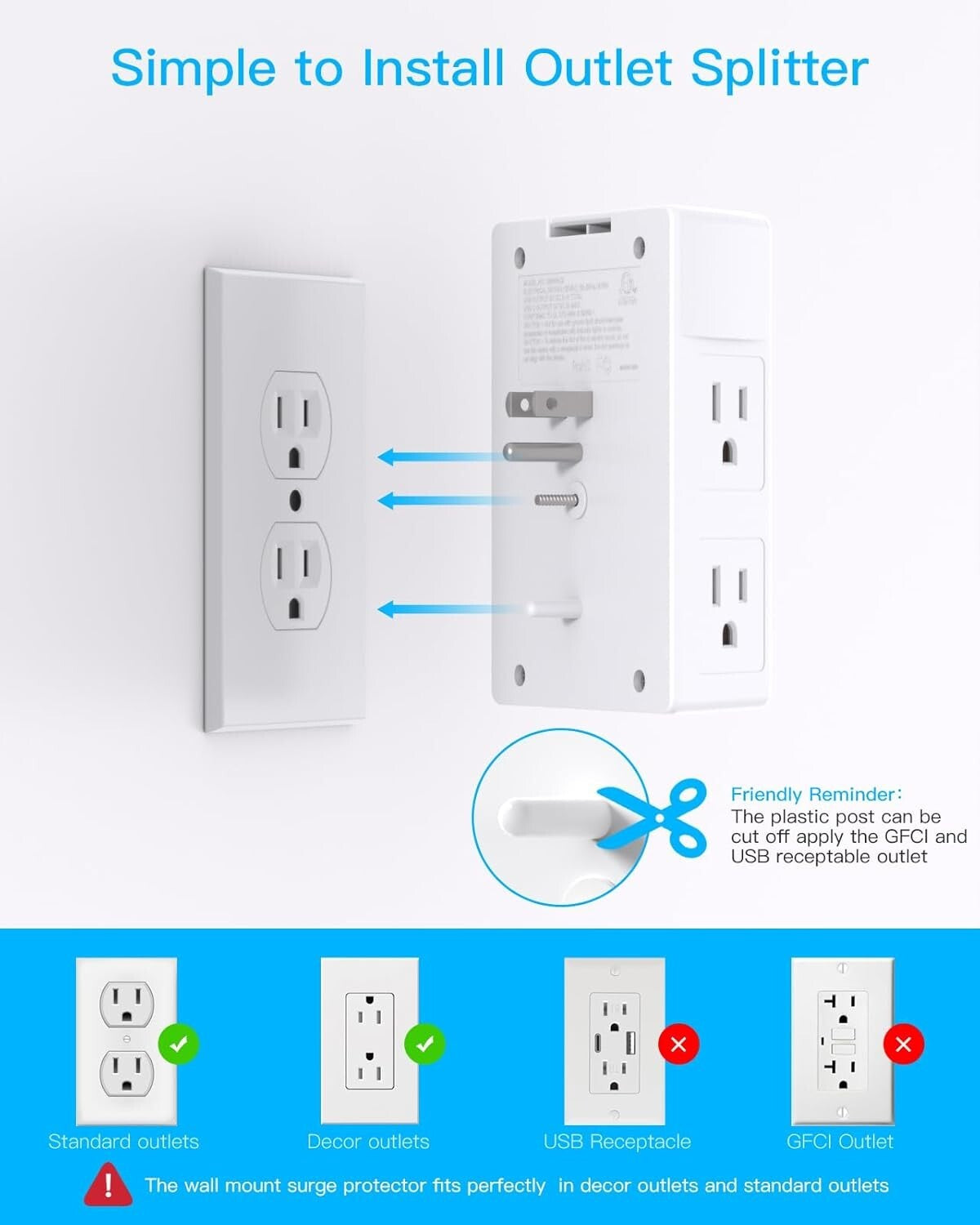 5 Outlet Extender Surge Protector Multi Plug Wall Adapter USB Charger Ports With
