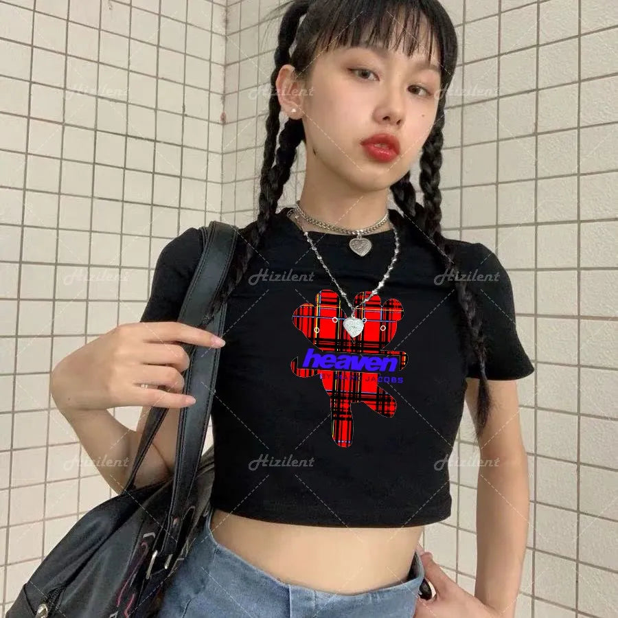 Y2K Baby Summer Skinny Women Graphic T Shirts Navel Trend Stretchy Short Sleeve Kawaii Crop Top Vintage Grunge Tees Aesthetic