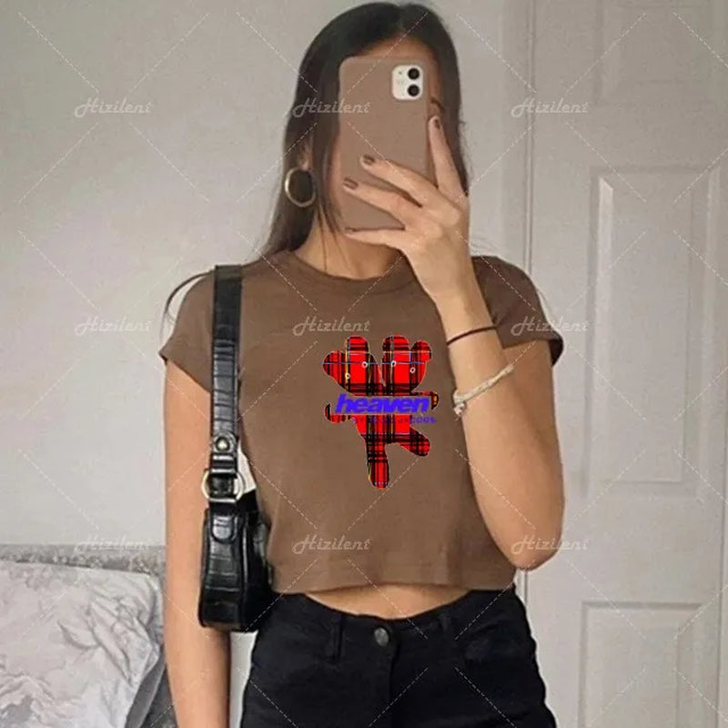 Y2K Baby Summer Skinny Women Graphic T Shirts Navel Trend Stretchy Short Sleeve Kawaii Crop Top Vintage Grunge Tees Aesthetic