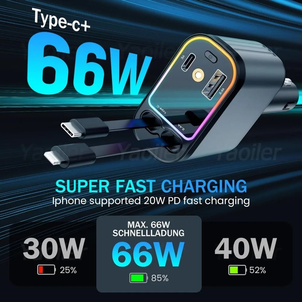 4 in 1 Retractable Car Charger with Starlight, 66W USB C Car Charger Adapter, 2 USB Ports Car Phone Charger, for Iphone Samsung