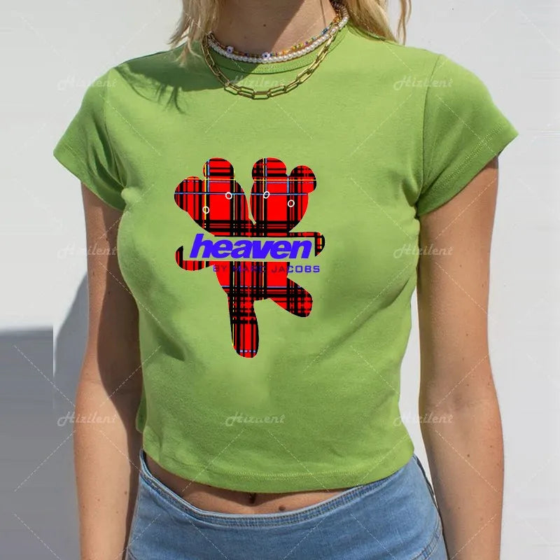 Y2K Baby Summer Skinny Women Graphic T Shirts Navel Trend Stretchy Short Sleeve Kawaii Crop Top Vintage Grunge Tees Aesthetic