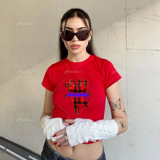 Y2K Baby Summer Skinny Women Graphic T Shirts Navel Trend Stretchy Short Sleeve Kawaii Crop Top Vintage Grunge Tees Aesthetic