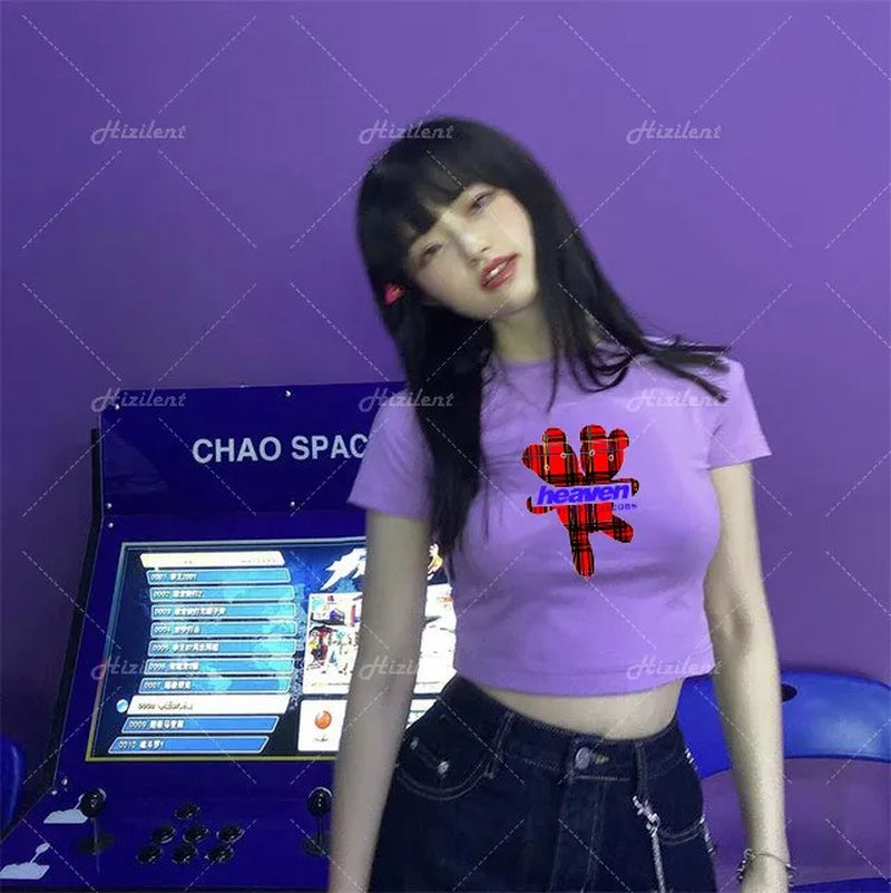 Y2K Baby Summer Skinny Women Graphic T Shirts Navel Trend Stretchy Short Sleeve Kawaii Crop Top Vintage Grunge Tees Aesthetic